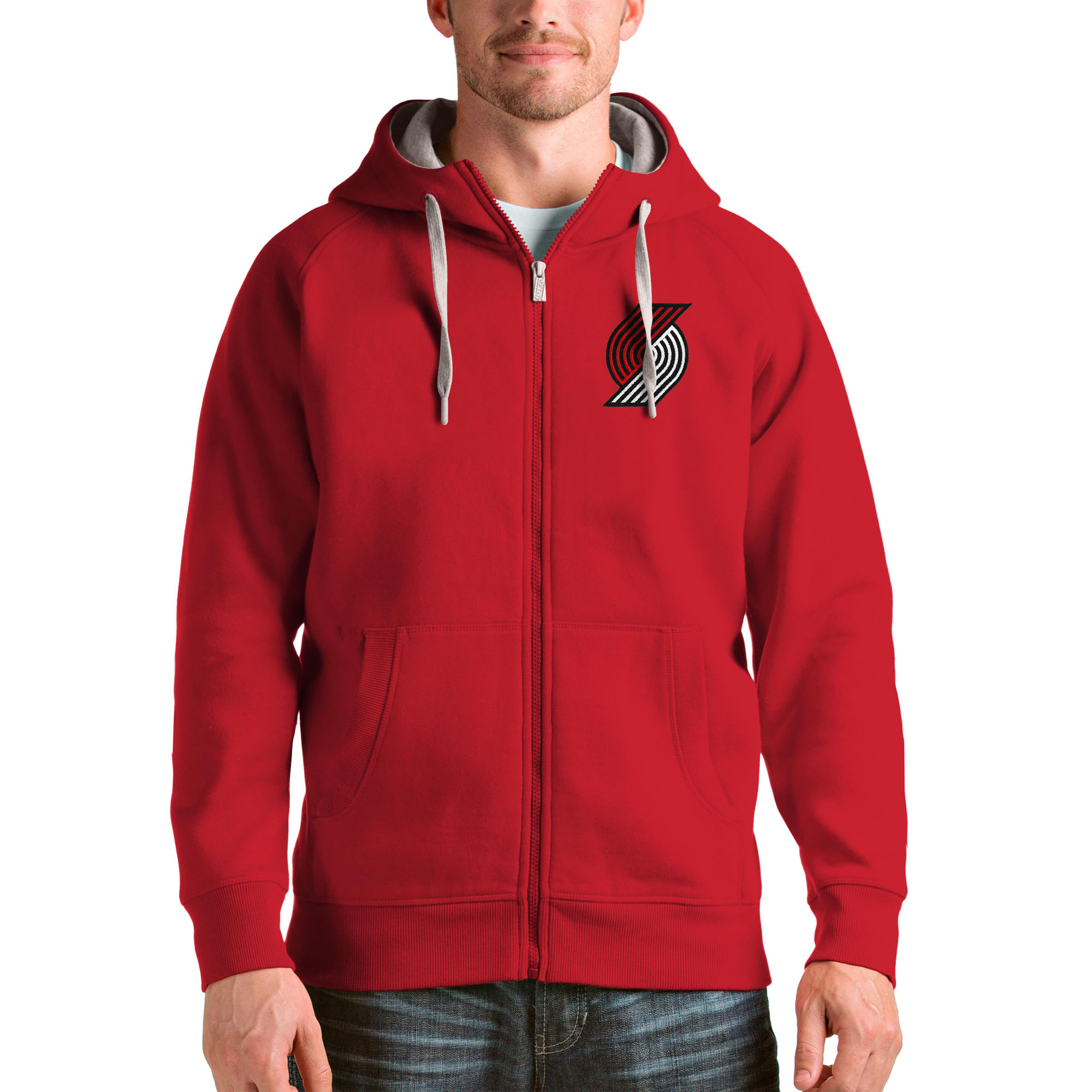 Men's Antigua Red Portland Trail Blazers Logo Victory Full-Zip Hoodie