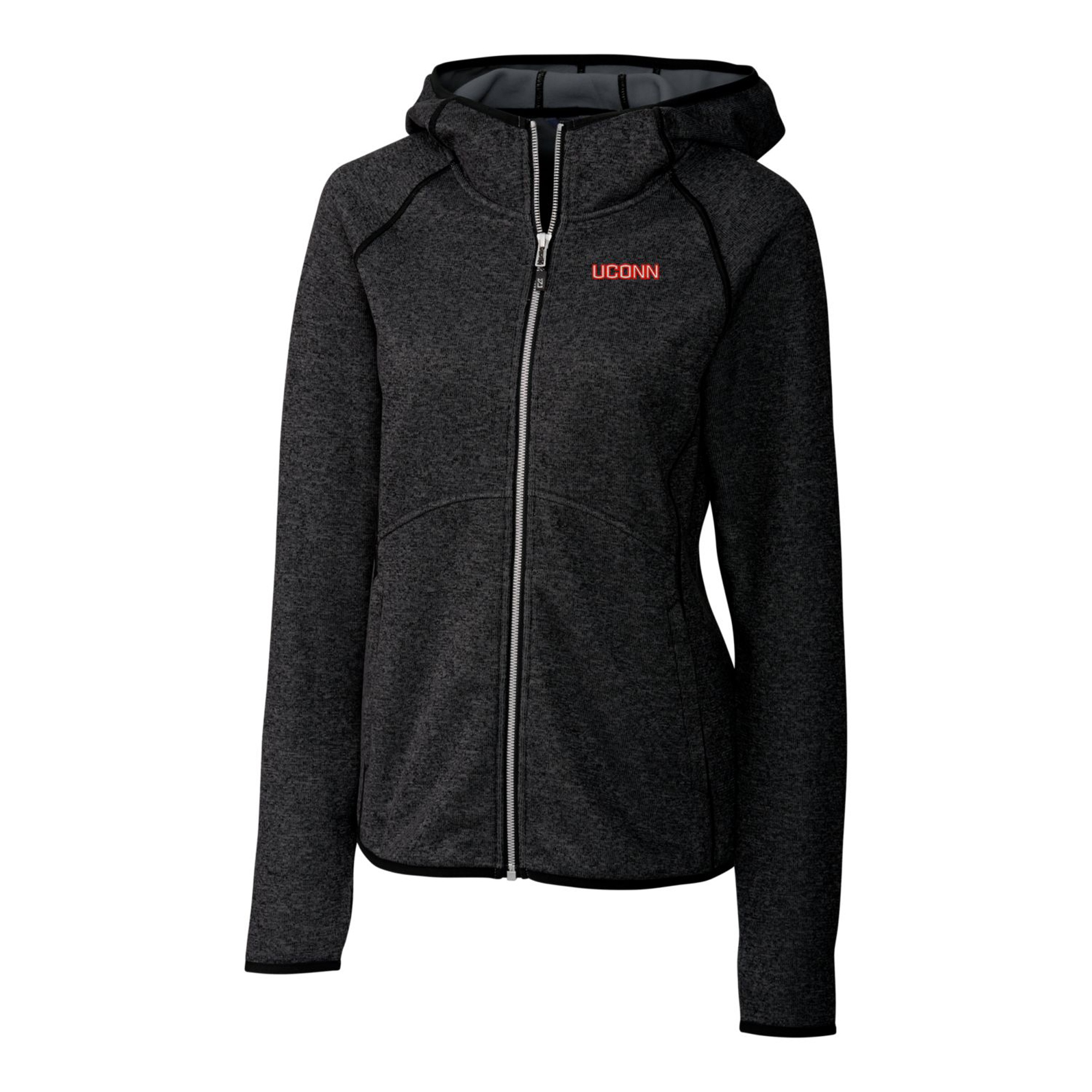 Women's Cutter & Buck Heathered Charcoal UConn Huskies Wordmark Mainsail Full-Zip Hooded Jacket