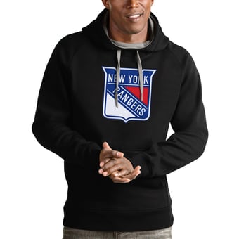 Men's Antigua Black New York Rangers Logo Victory Pullover Hoodie