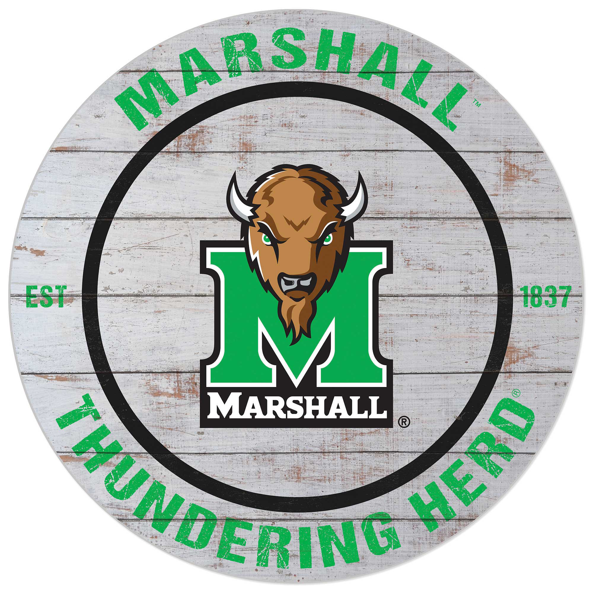 White Marshall Thundering Herd 20'' x 20'' Indoor/Outdoor Weathered Circle Sign