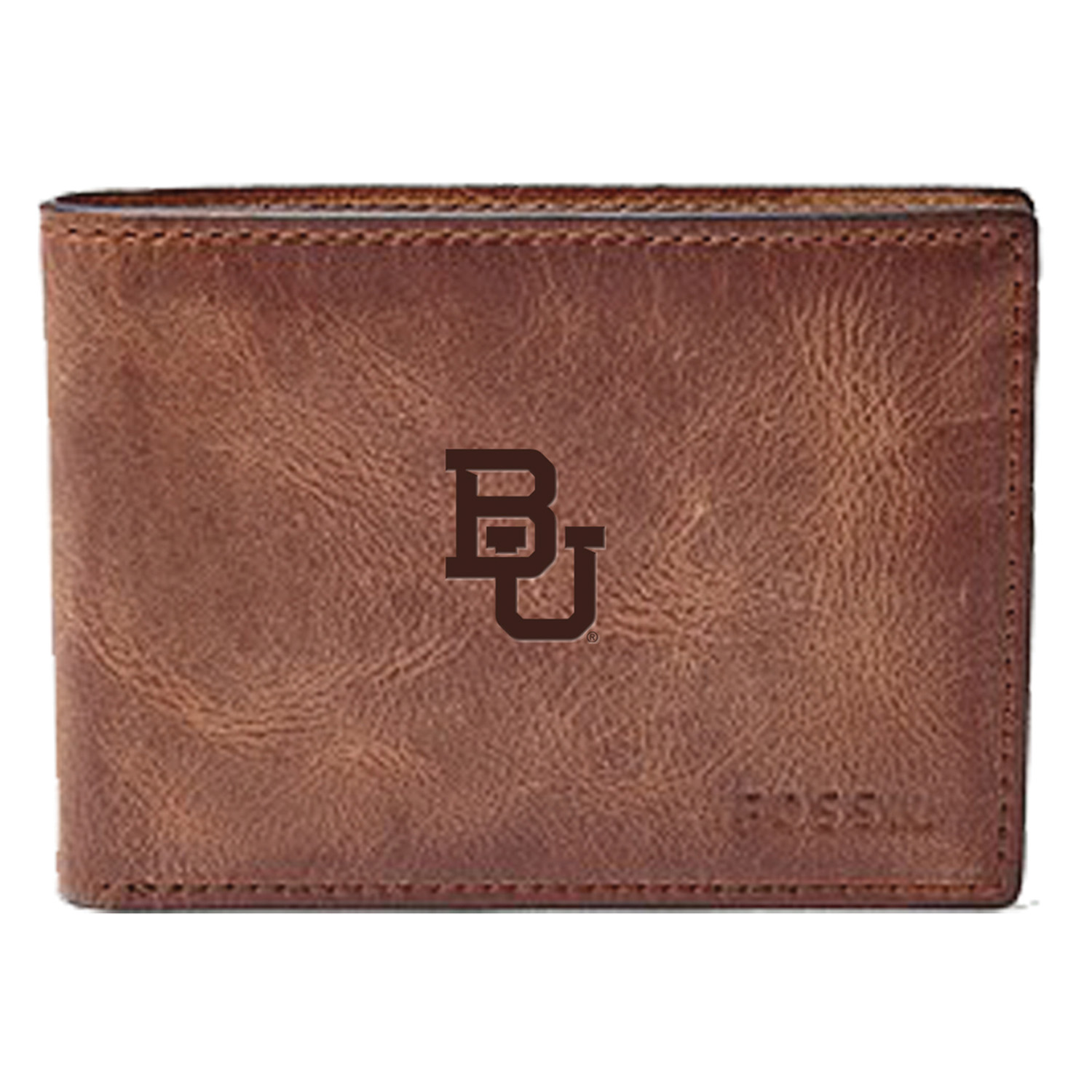 Men's Fossil Brown Baylor Bears Leather Derrick Front Pocket Bi-Fold Wallet
