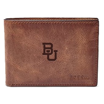 Men's Fossil Brown Baylor Bears Leather Derrick Front Pocket Bi-Fold Wallet