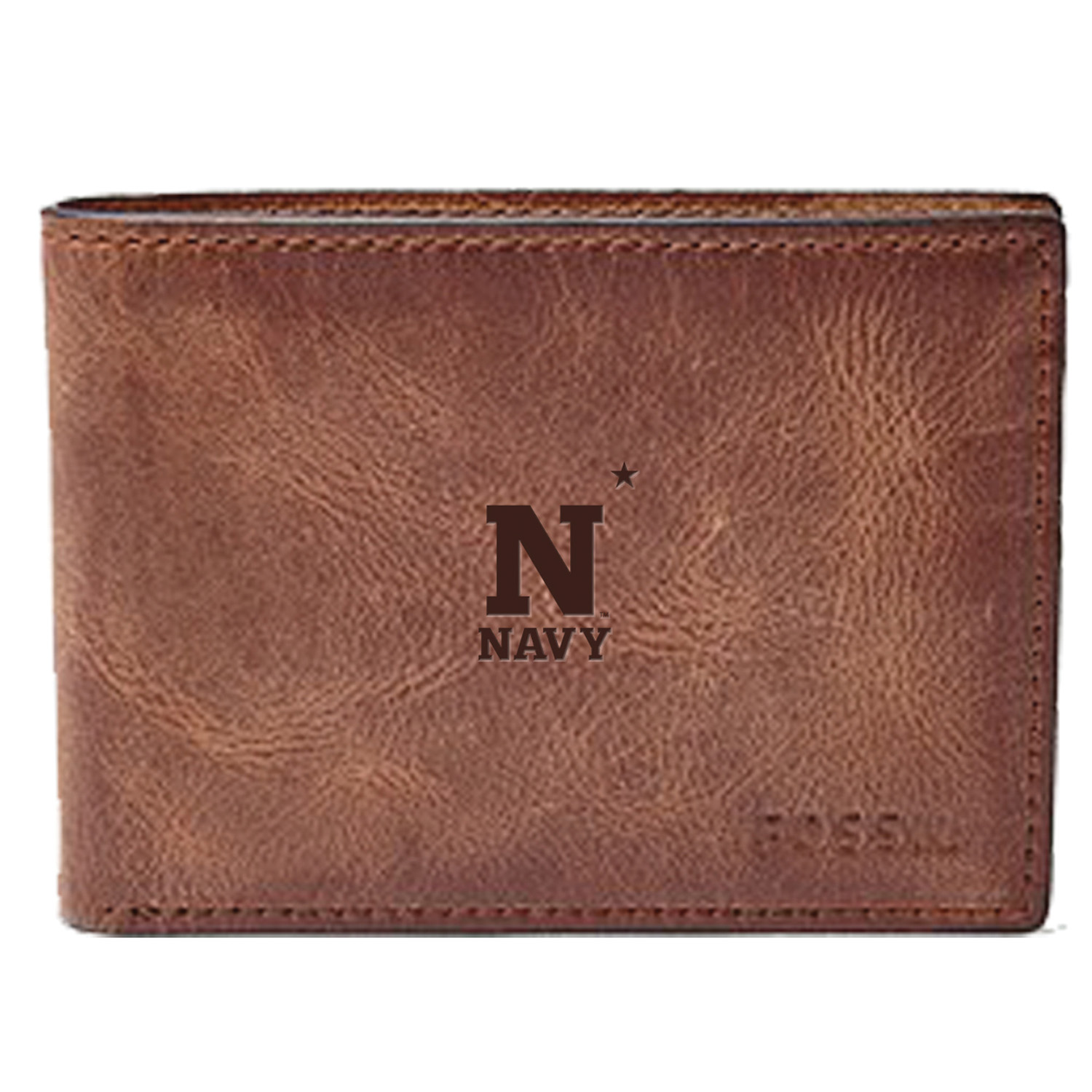 Men's Fossil Brown Navy Midshipmen Leather Derrick Front Pocket Bi-Fold Wallet