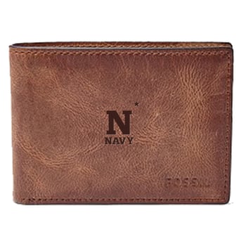 Men's Fossil Brown Navy Midshipmen Leather Derrick Front Pocket Bi-Fold Wallet