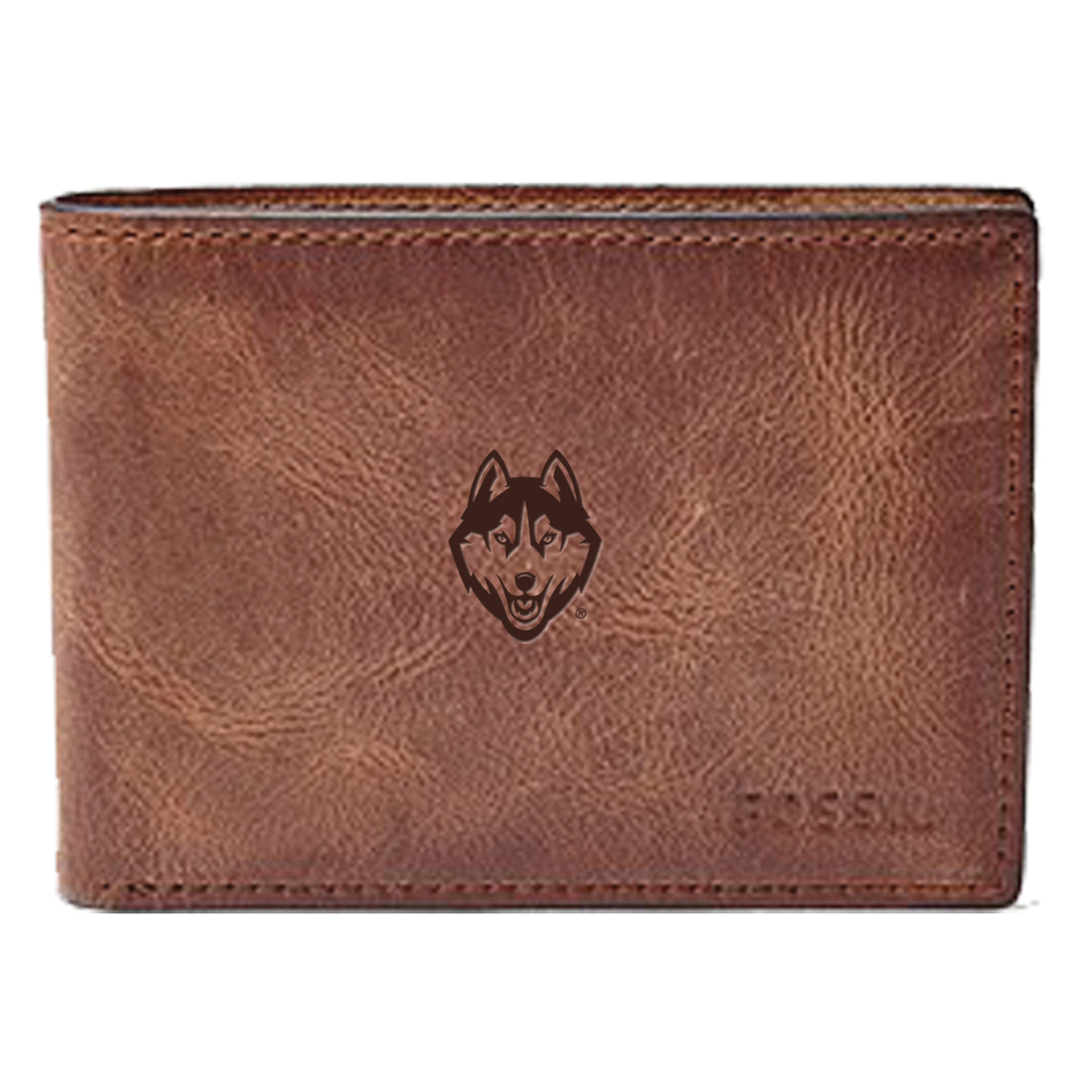 Men's Fossil Brown UConn Huskies Leather Derrick Front Pocket Bi-Fold Wallet