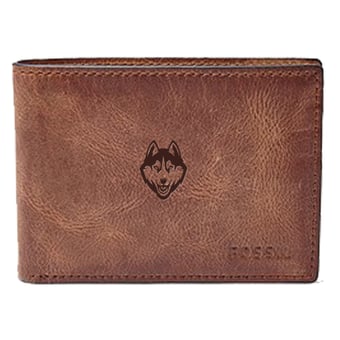 Men's Fossil Brown UConn Huskies Leather Derrick Front Pocket Bi-Fold Wallet