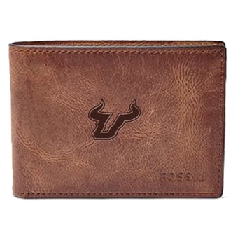 Men's Fossil Brown South Florida Bulls Leather Derrick Front Pocket Bi-Fold Wallet