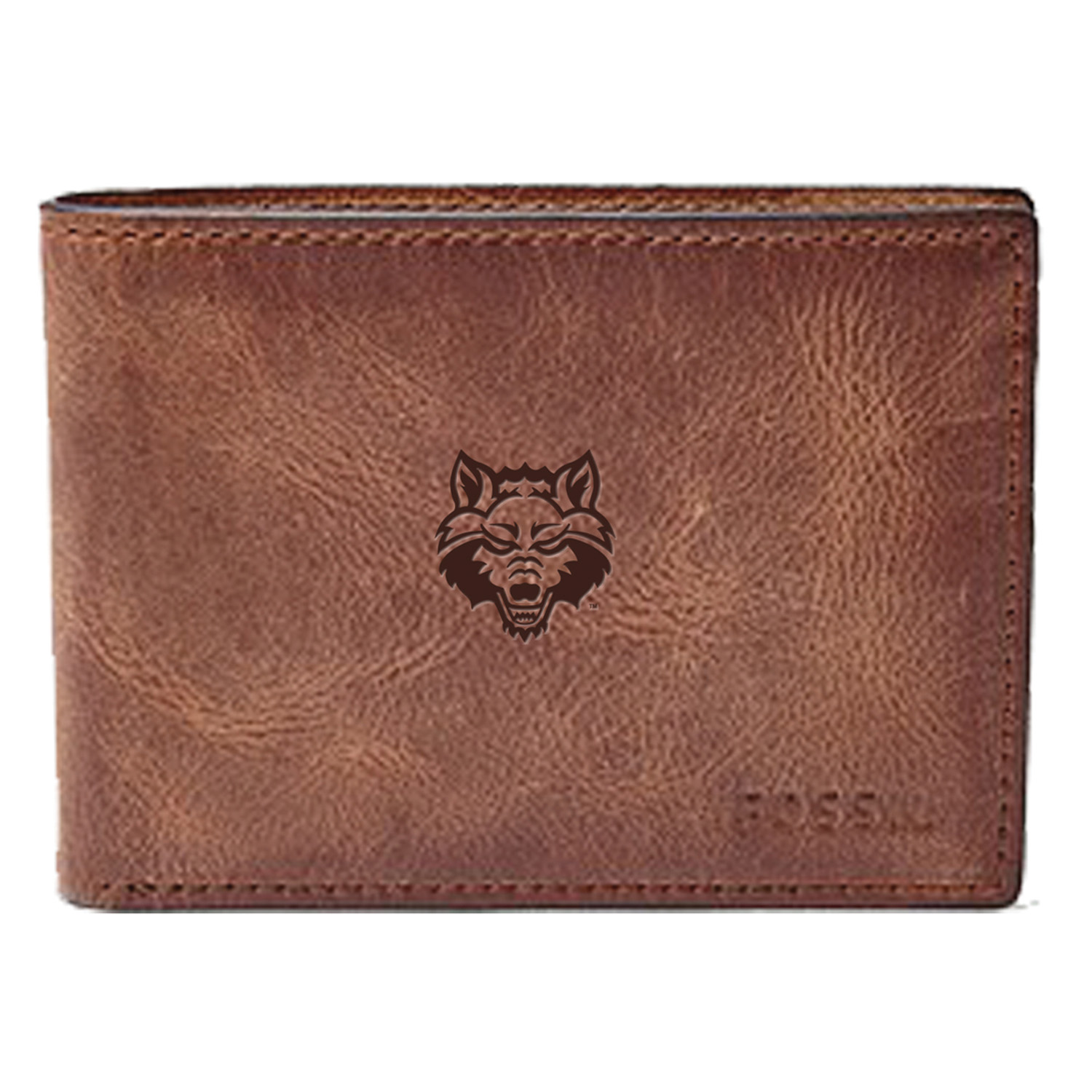Men's Fossil Brown Arkansas State Red Wolves Leather Derrick Front Pocket Bi-Fold Wallet