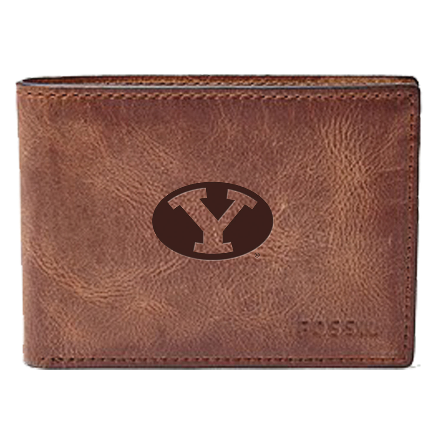 Men's Fossil Brown BYU Cougars Leather Derrick Front Pocket Bi-Fold Wallet