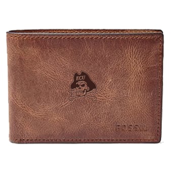 Men's Fossil Brown East Carolina Pirates Leather Derrick Front Pocket Bi-Fold Wallet