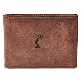 Men's Fossil Brown Cincinnati Bearcats Leather Derrick Front Pocket Bi-Fold Wallet
