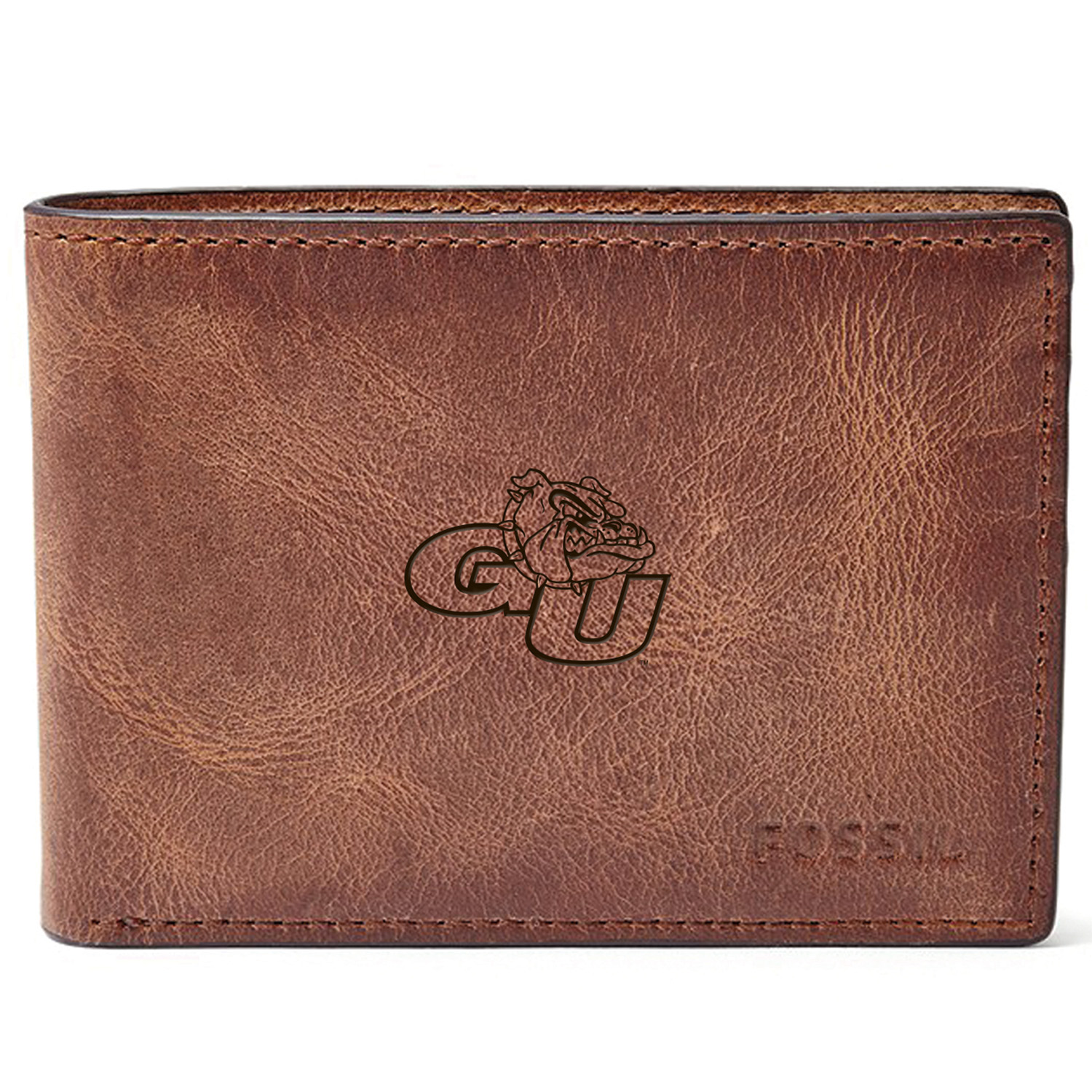 Men's Fossil Brown Gonzaga Bulldogs Leather Derrick Front Pocket Bi-Fold Wallet