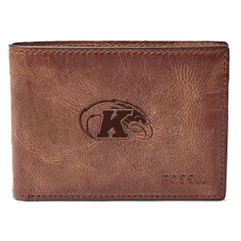 Men's Fossil Brown Kent State Golden Flashes Leather Derrick Front Pocket Bi-Fold Wallet