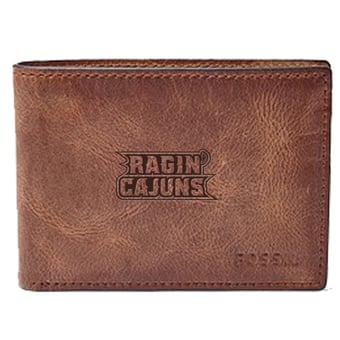 Men's Fossil Brown Louisiana Ragin' Cajuns Leather Derrick Front Pocket Bi-Fold Wallet