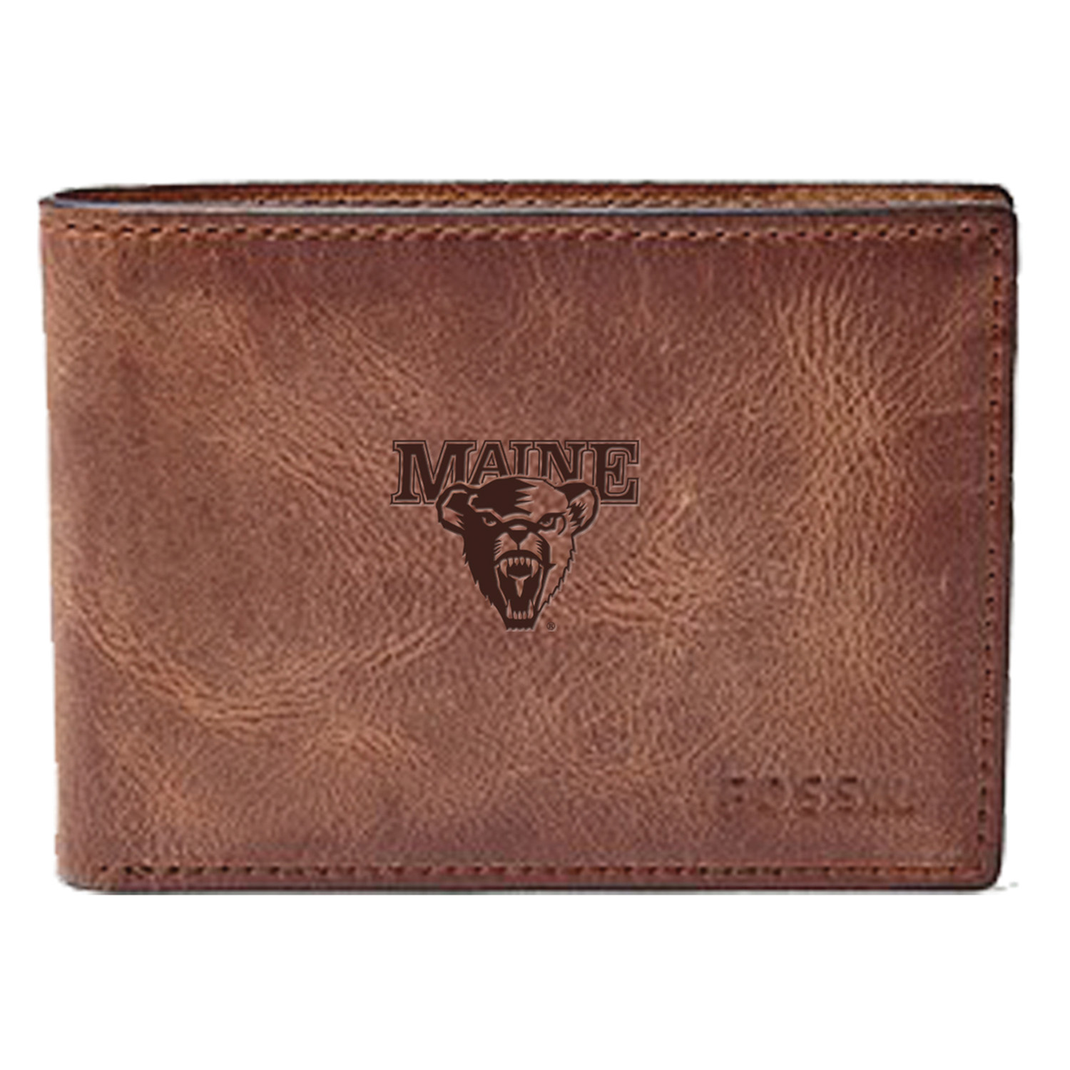 Men's Fossil Brown Maine Black Bears Leather Derrick Front Pocket Bi-Fold Wallet