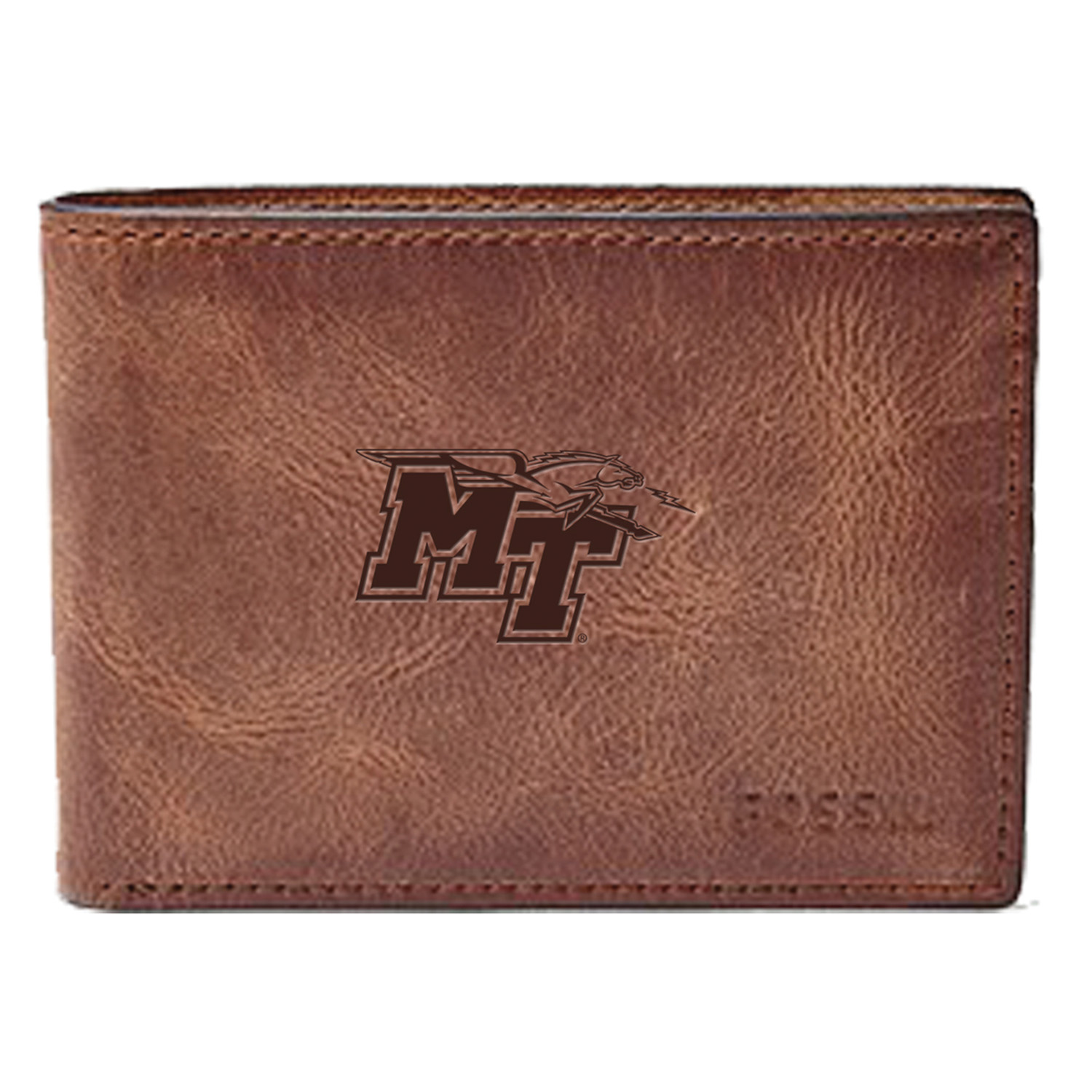 Men's Fossil Brown MTSU Blue Raiders Leather Derrick Front Pocket Bi-Fold Wallet