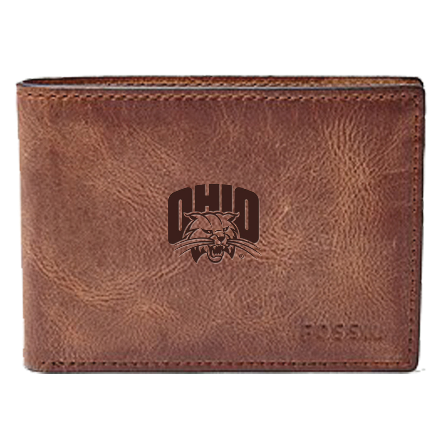Men's Fossil Brown Ohio Bobcats Leather Derrick Front Pocket Bi-Fold Wallet