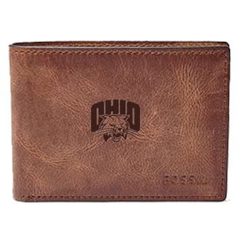 Men's Fossil Brown Ohio Bobcats Leather Derrick Front Pocket Bi-Fold Wallet