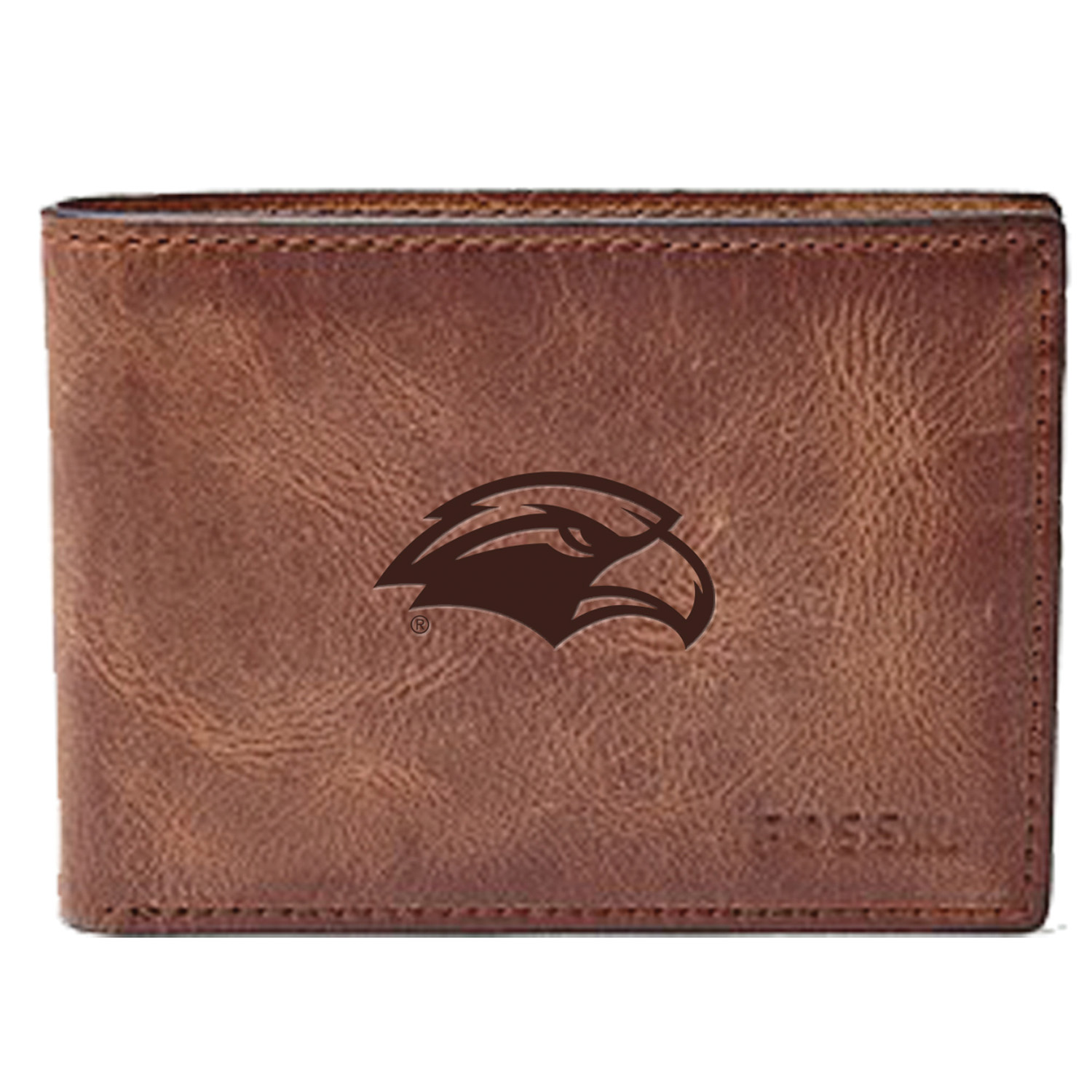 Men's Fossil Brown Southern Miss Golden Eagles Leather Derrick Front Pocket Bi-Fold Wallet