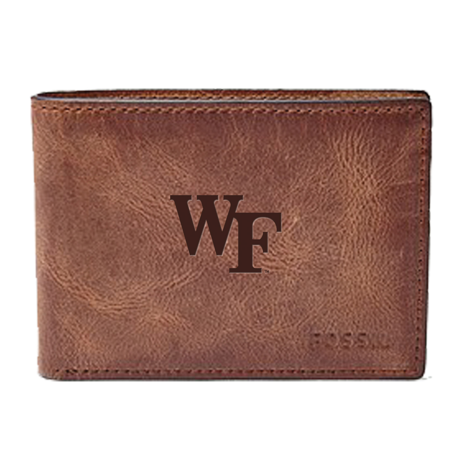 Men's Fossil Brown Wake Forest Demon Deacons Leather Derrick Front Pocket Bi-Fold Wallet