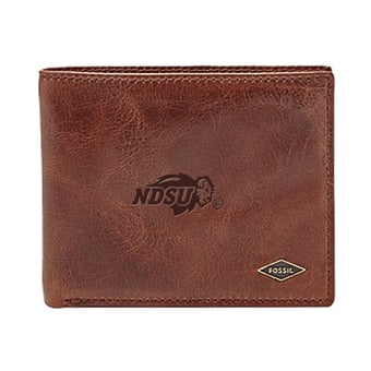 Men's Fossil Brown NDSU Bison Leather Ryan RFID Flip ID Bifold Wallet