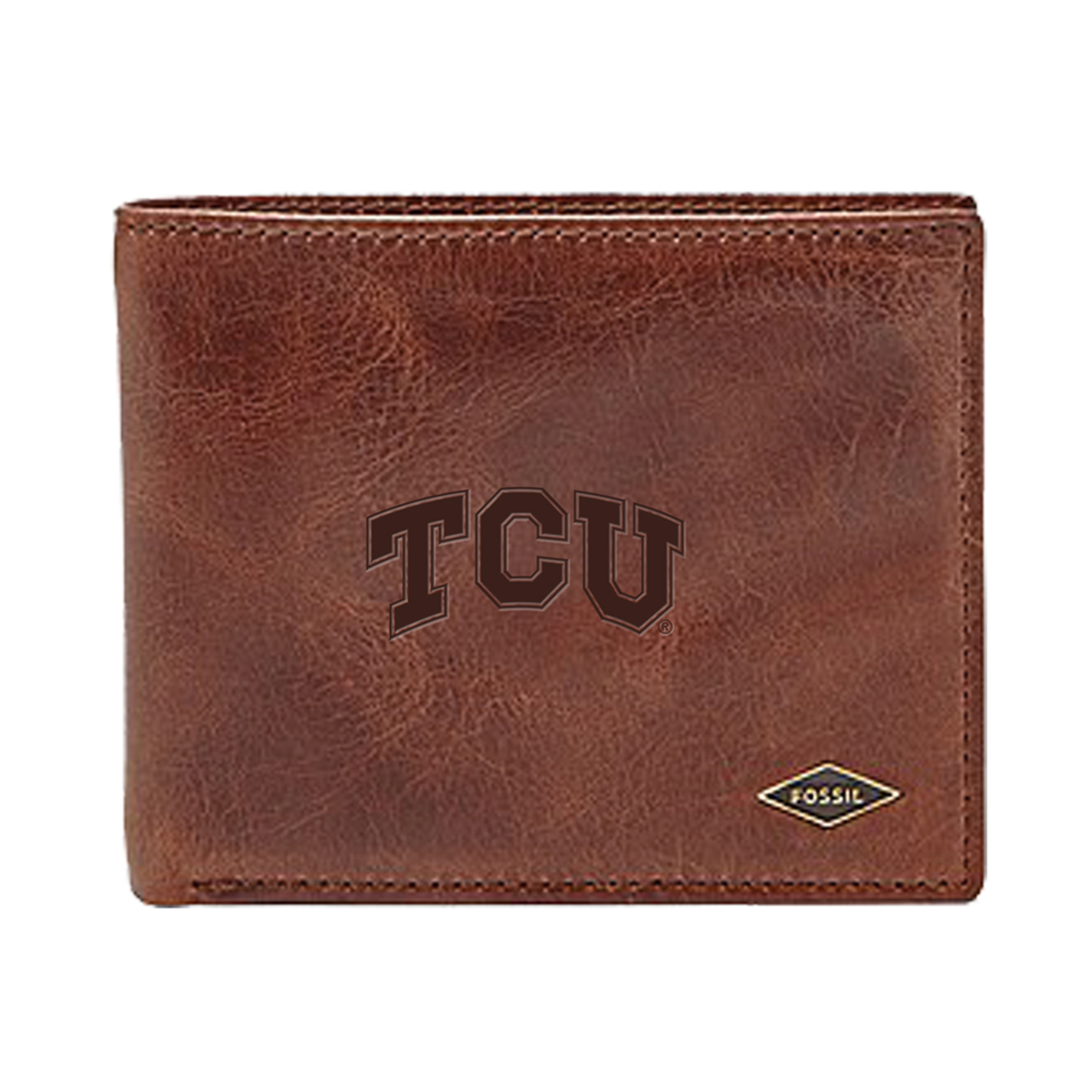 Men's Fossil Brown TCU Horned Frogs Leather Ryan RFID Flip ID Bifold Wallet