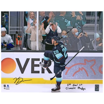 Vince Dunn Seattle Kraken Autographed 16'' x 20'' Deep Sea Blue Jersey Celebration Photograph with ''1st Goal At Climate Pledge'' Inscription