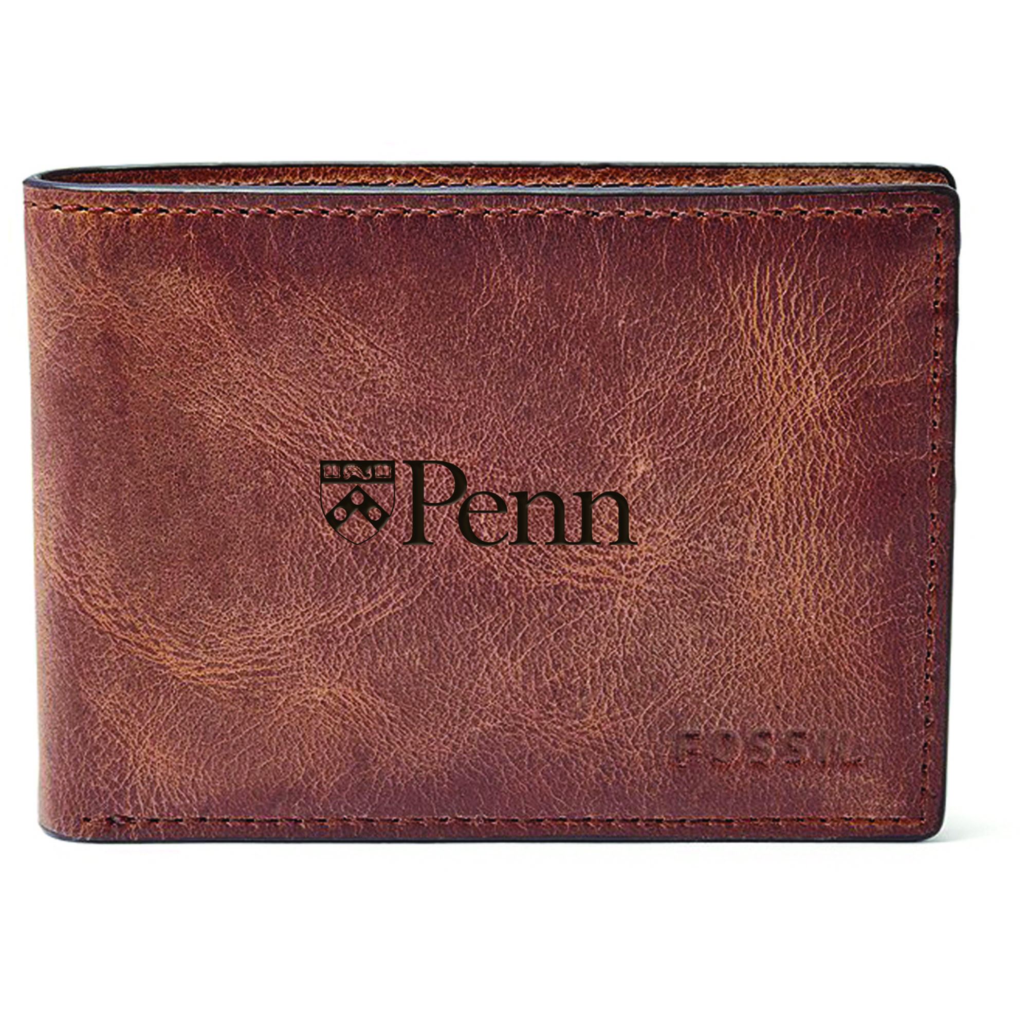 Men's Fossil Brown Pennsylvania Quakers Leather Derrick Front Pocket Bi-Fold Wallet