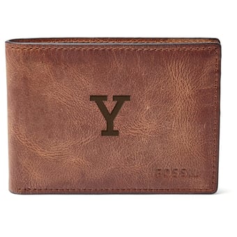 Men's Fossil Brown Yale Bulldogs Leather Derrick Front Pocket Bi-Fold Wallet