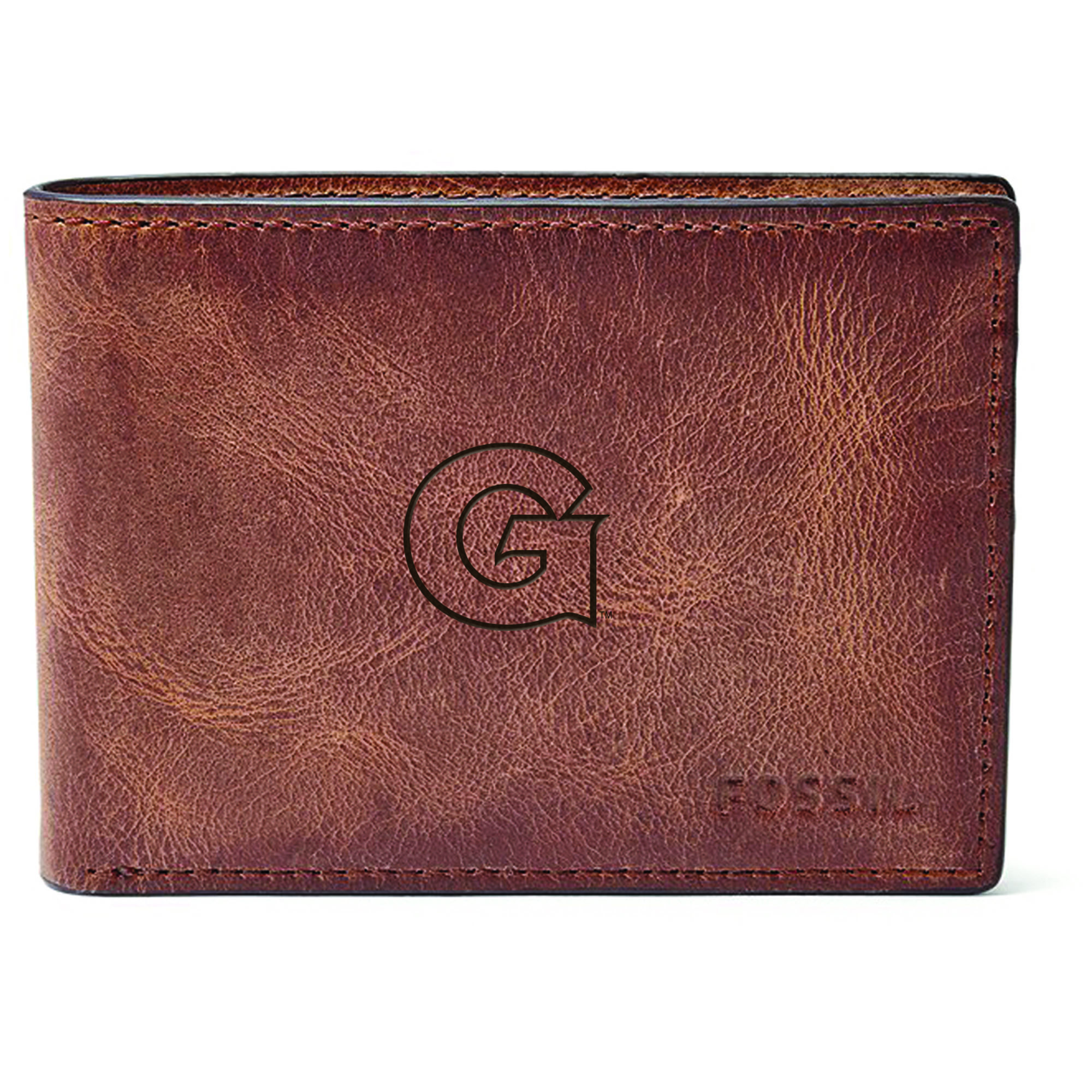 Men's Fossil Brown Georgetown Hoyas Leather Derrick Front Pocket Bi-Fold Wallet