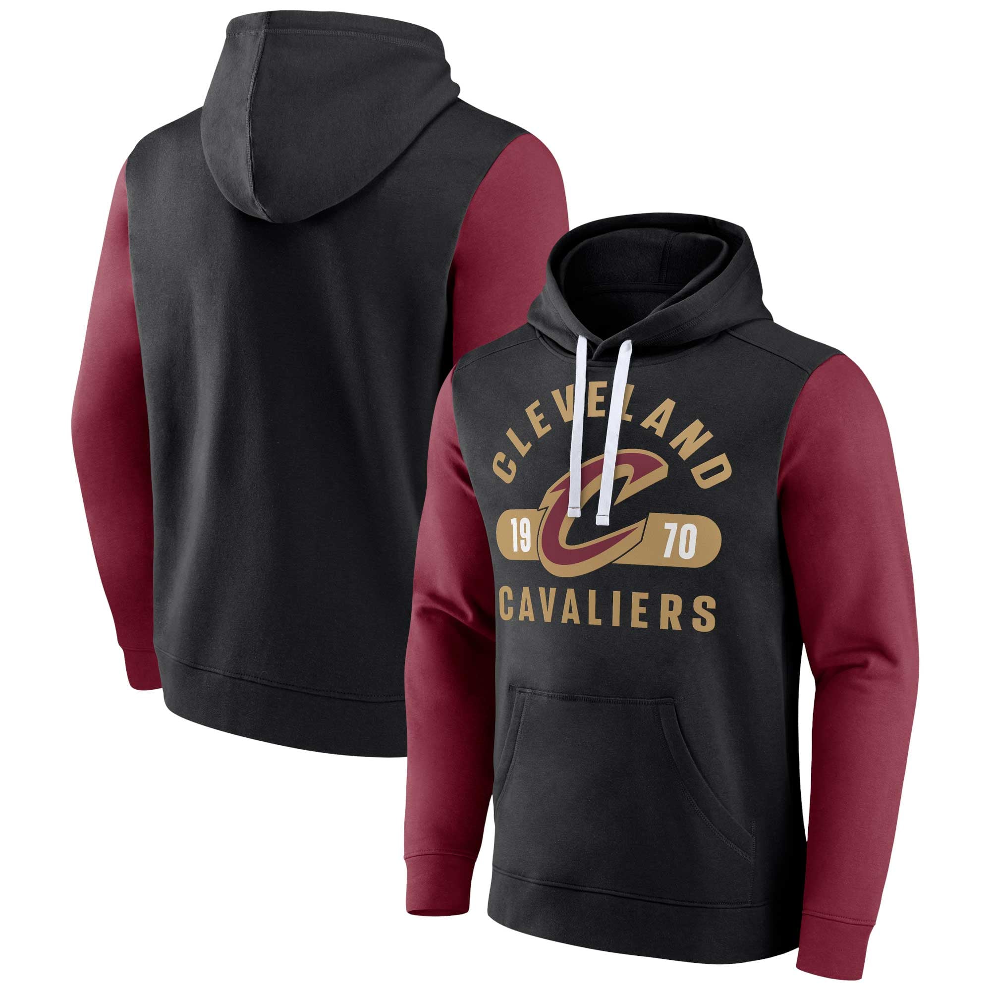 Men's Fanatics Black/Wine Cleveland Cavaliers Attack Colorblock Pullover Hoodie: retailer-supplied image