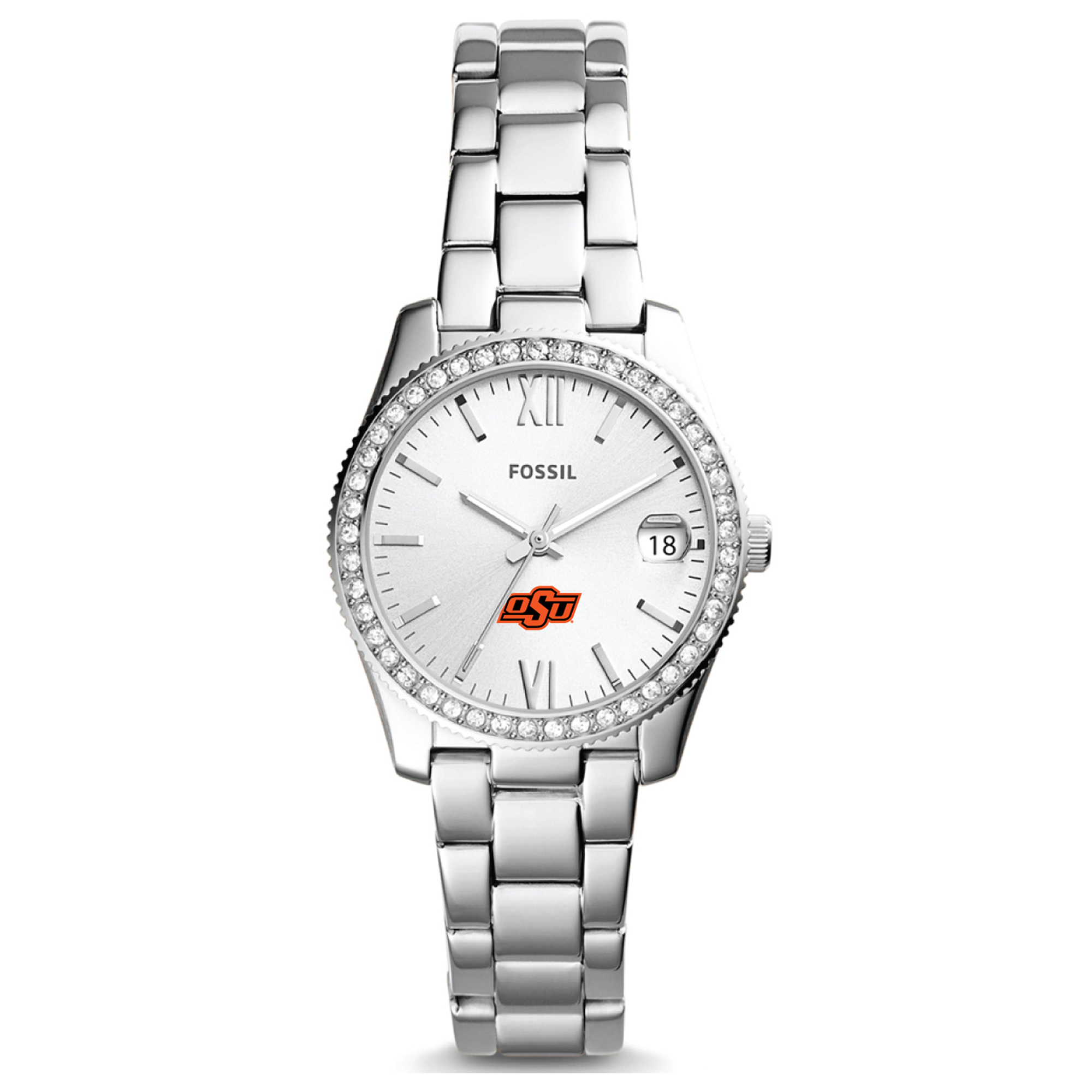Women's Fossil Silver Oklahoma State Cowboys Scarlette Mini Three-Hand Date Watch