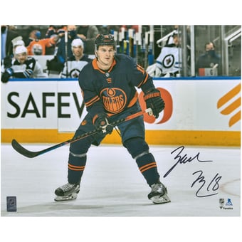Zach Hyman Edmonton Oilers Autographed 16'' x 20'' Navy Jersey Skating Photograph