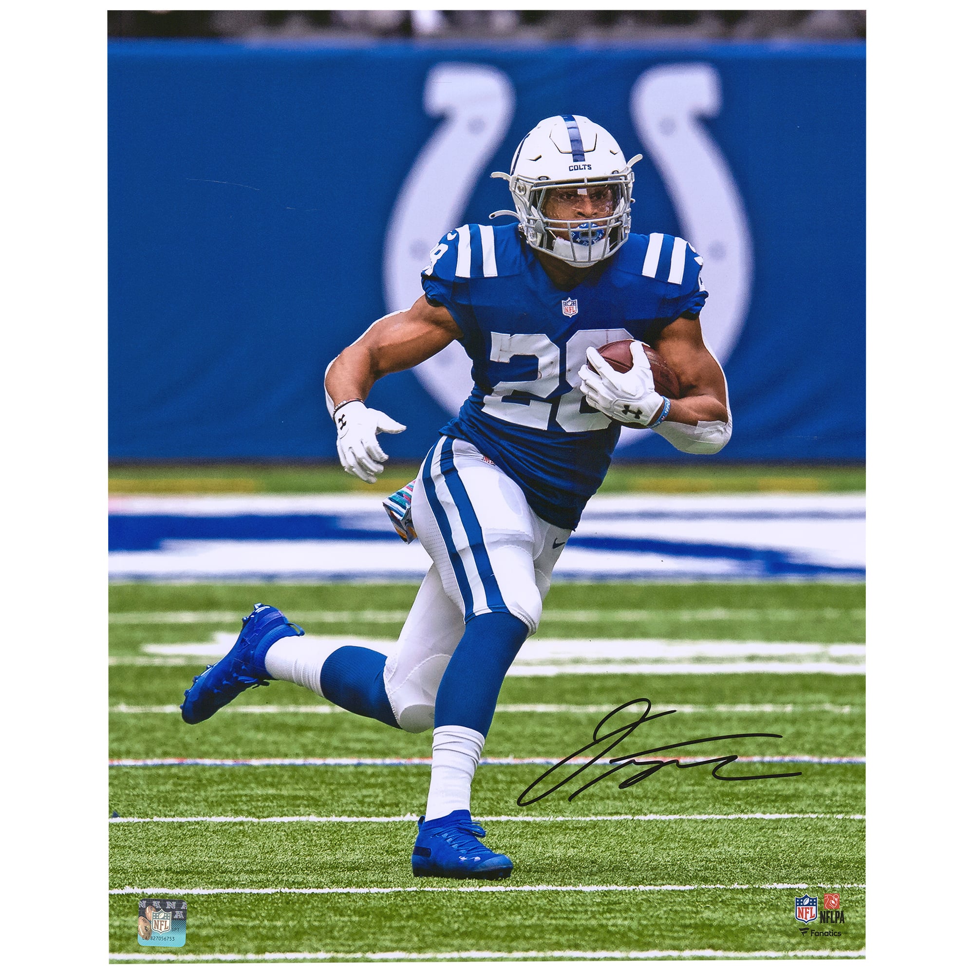 Jonathan Taylor Indianapolis Colts Autographed 16" x 20" Royal Jersey Running Photograph