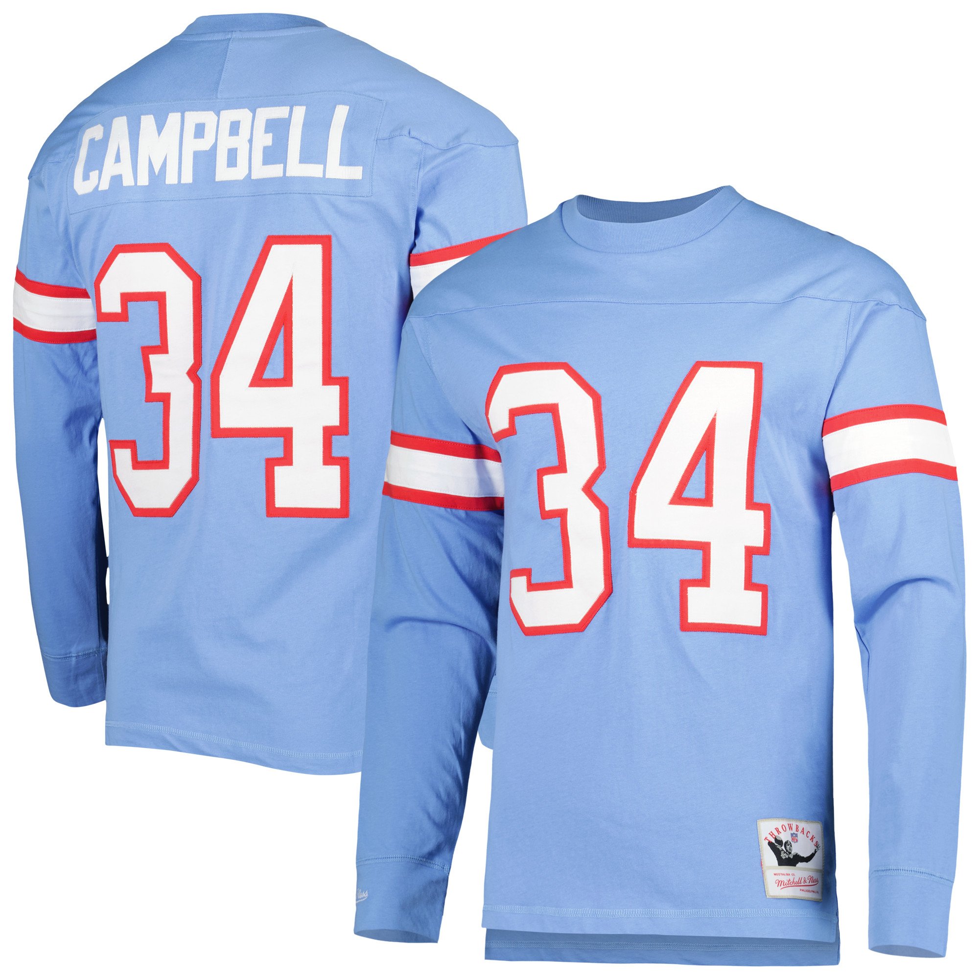 Men's Mitchell & Ness Earl Campbell Light Blue Houston Oilers 1984 Retired Player Name & Number Long Sleeve T-Shirt