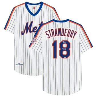 "Darryl Strawberry White New York Mets Autographed Mitchell & Ness Authentic Cooperstown Collection Jersey with 25th Anniversary Patch and ""86 WS Champs"" Inscription"