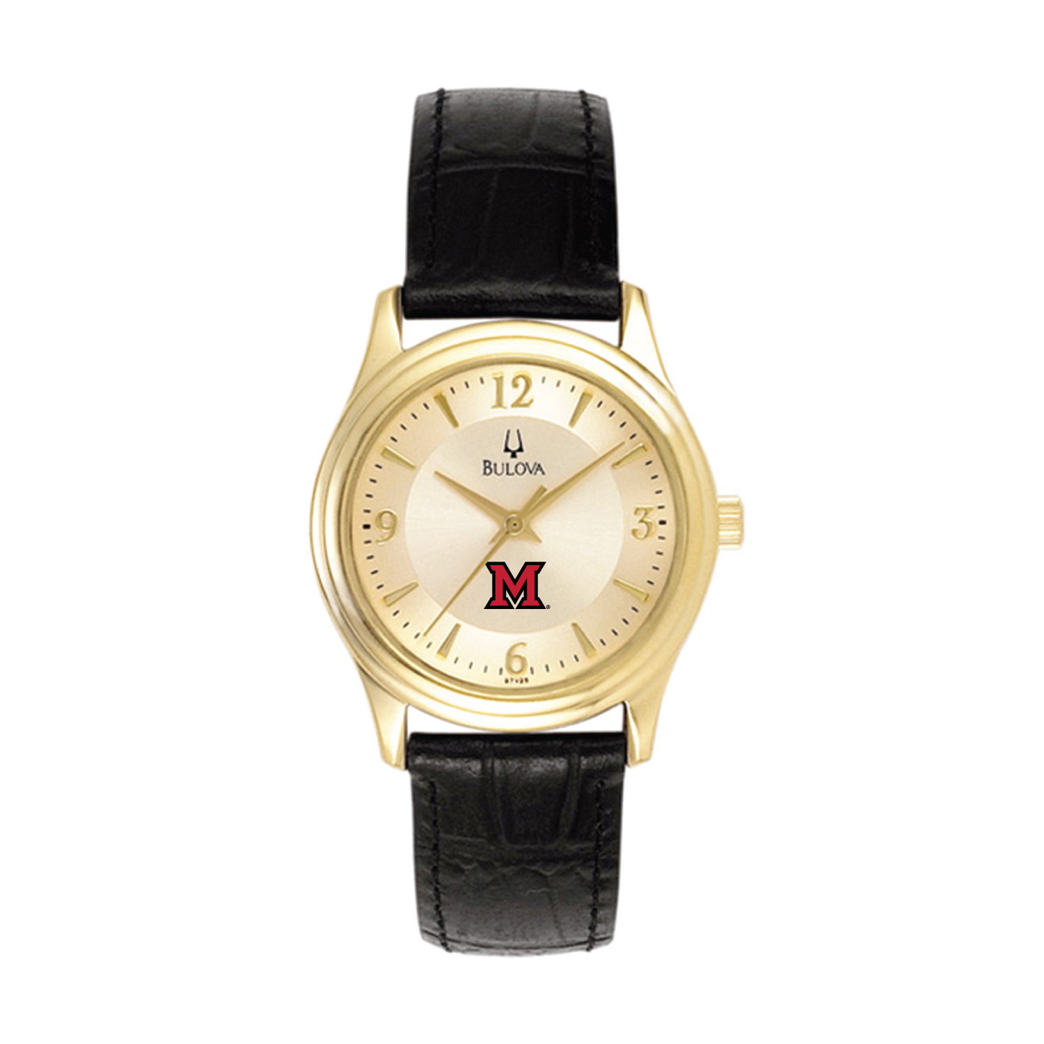 Women's Bulova Gold/Black Miami University RedHawks Stainless Steel Watch with Leather Band