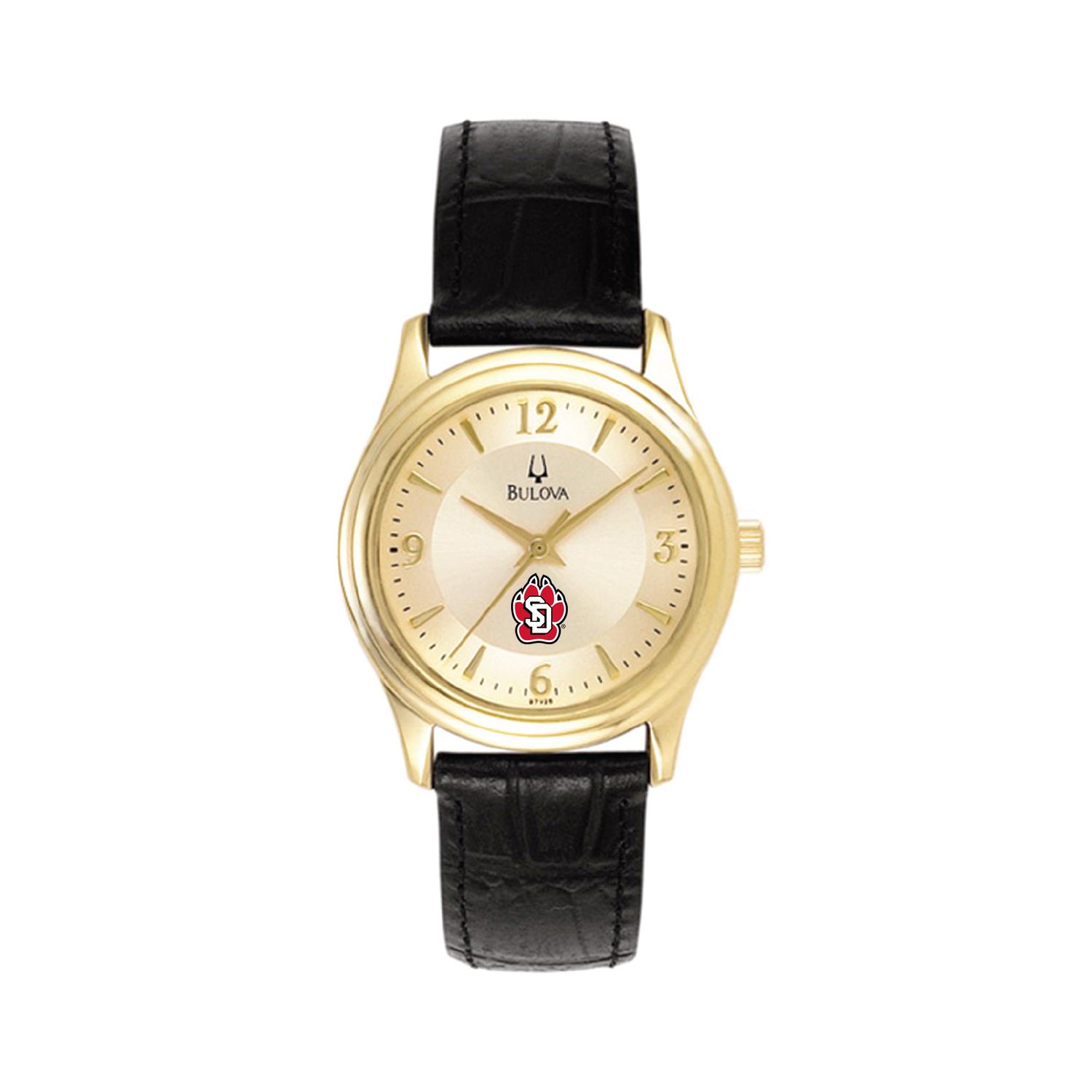 Women's Bulova Gold/Black South Dakota Coyotes Stainless Steel Watch with Leather Band