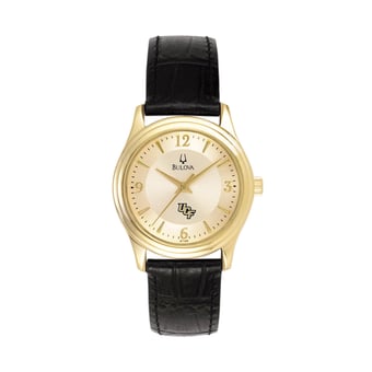 Women's Bulova Gold/Black UCF Knights Stainless Steel Watch with Leather Band
