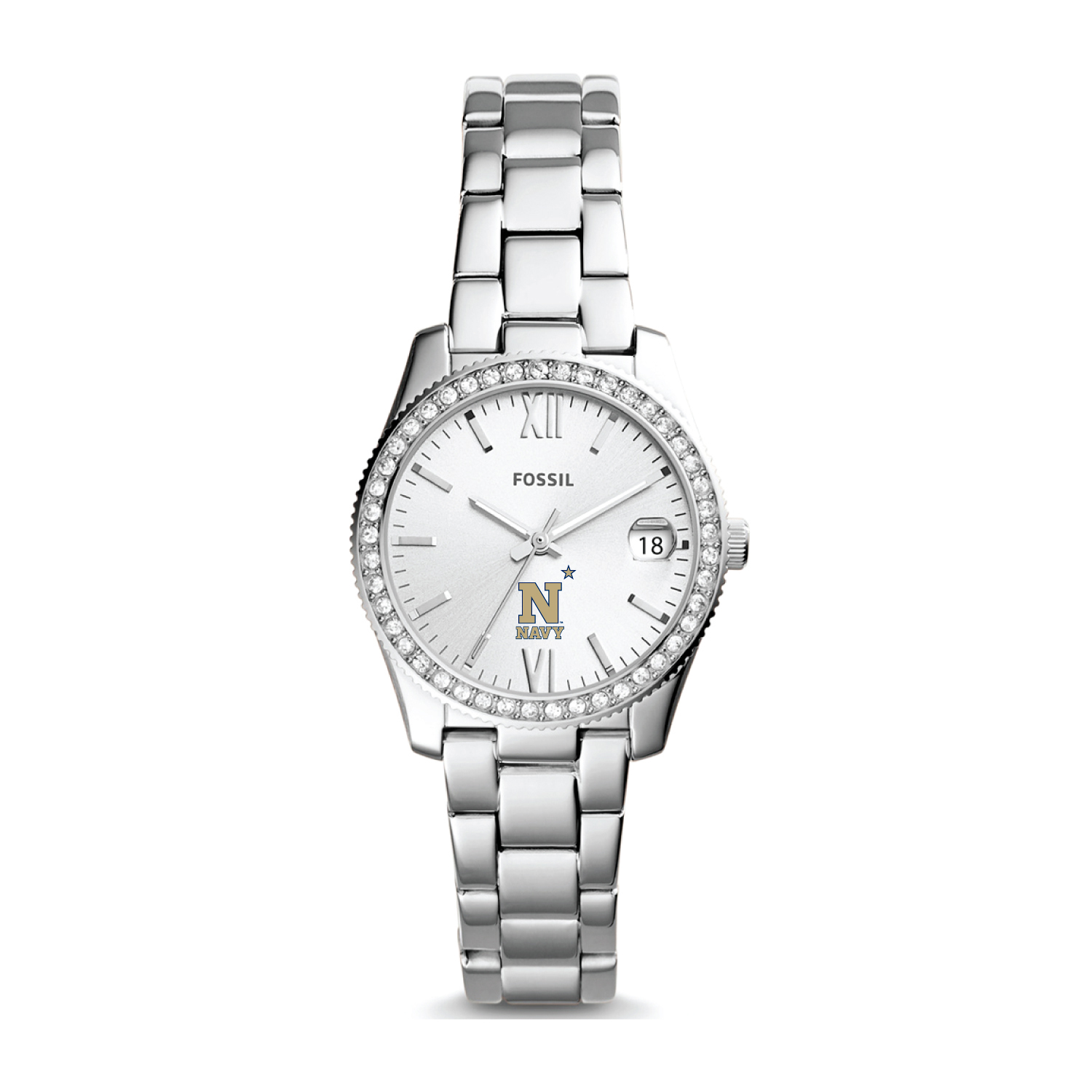 Women's Fossil Silver Navy Midshipmen Scarlette Mini Three-Hand Date Watch