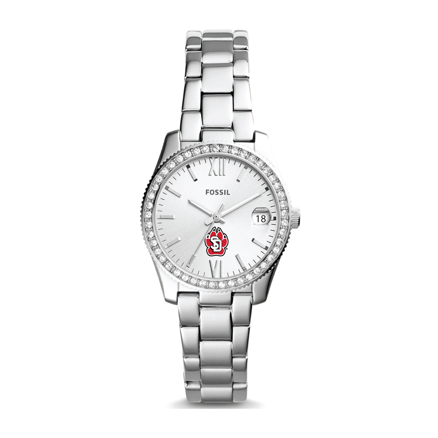Women's Fossil Silver South Dakota Coyotes Scarlette Mini Three-Hand Date Watch