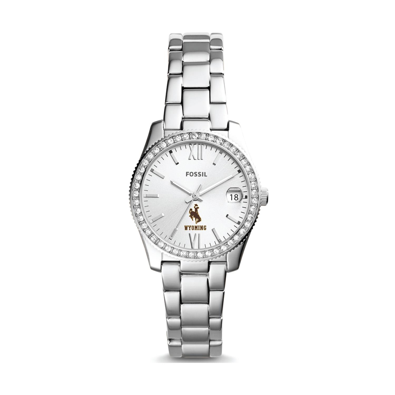 Women’s Fossil Silver Wyoming Cowboys Scarlette Mini Three-Hand Date Watch Women’s Fossil Silver Wyoming Cowboys Scarlette Mini Three-Hand Date Watch