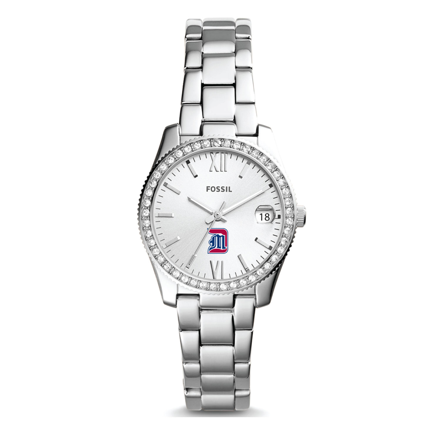 Women's Fossil Silver Detroit Mercy Titans Scarlette Mini Three-Hand Date Watch