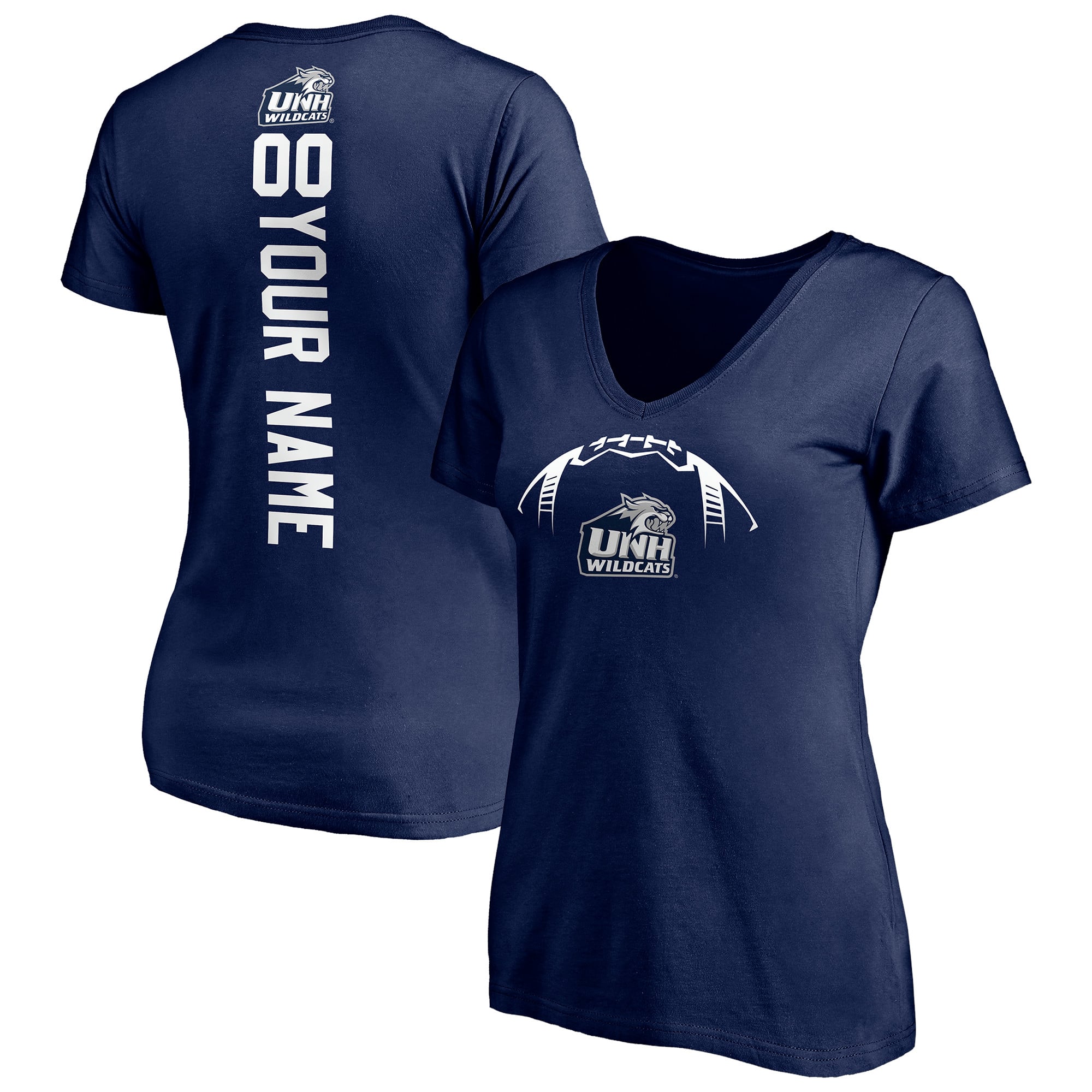 Women's Navy New Hampshire Wildcats Playmaker Personalized Football V-Neck T-Shirt
