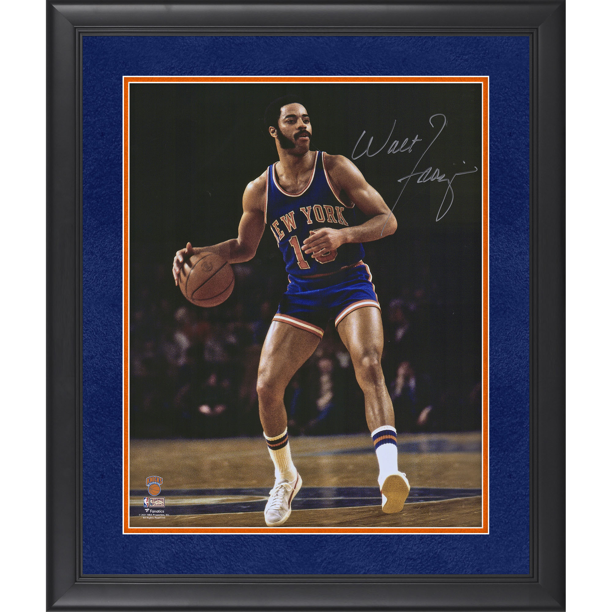 New York Knicks Autographed Framed 16" x 20" Dribbling In Blue Jersey Photograph - Suede Matting