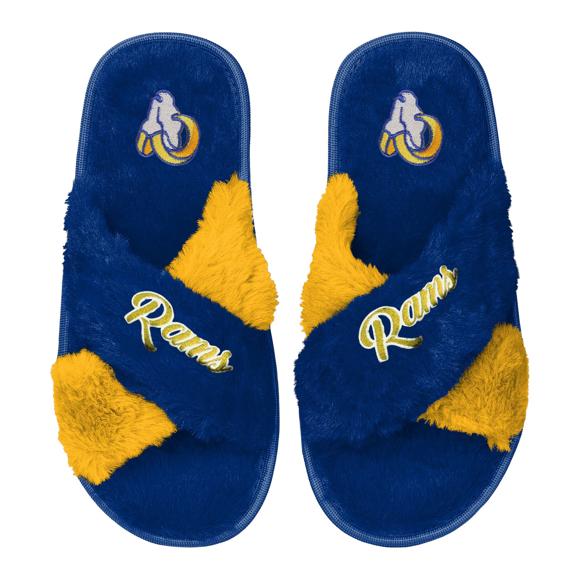 La Rams Clogs FOCO Women's FOCO Royal Los Angeles Rams Two-Tone Crossover Faux Fur ...