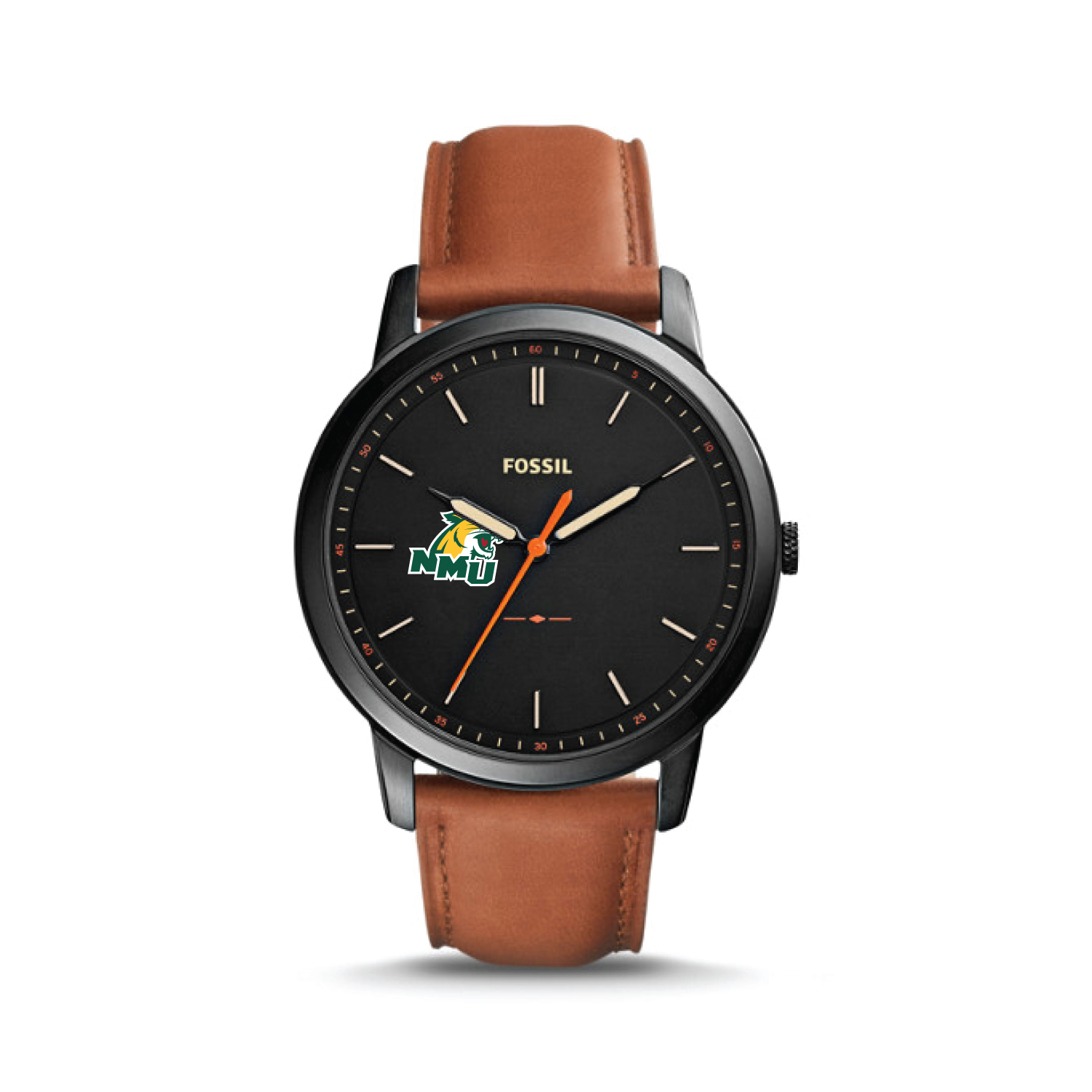 Fossil Black Northern Michigan Wildcats The Minimalist Slim Light Brown Leather Watch