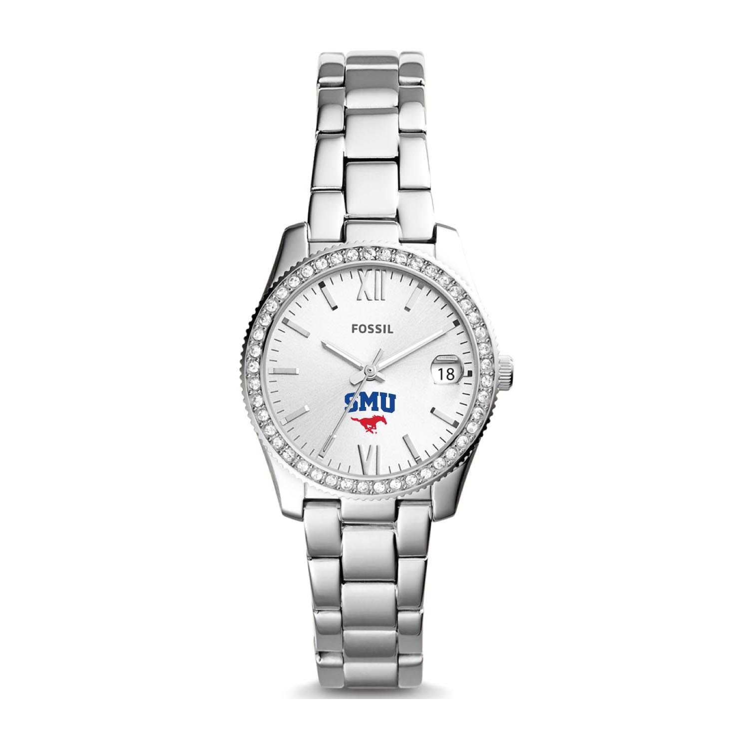 Women's Fossil Silver SMU Mustangs Scarlette Mini Three-Hand Date Watch