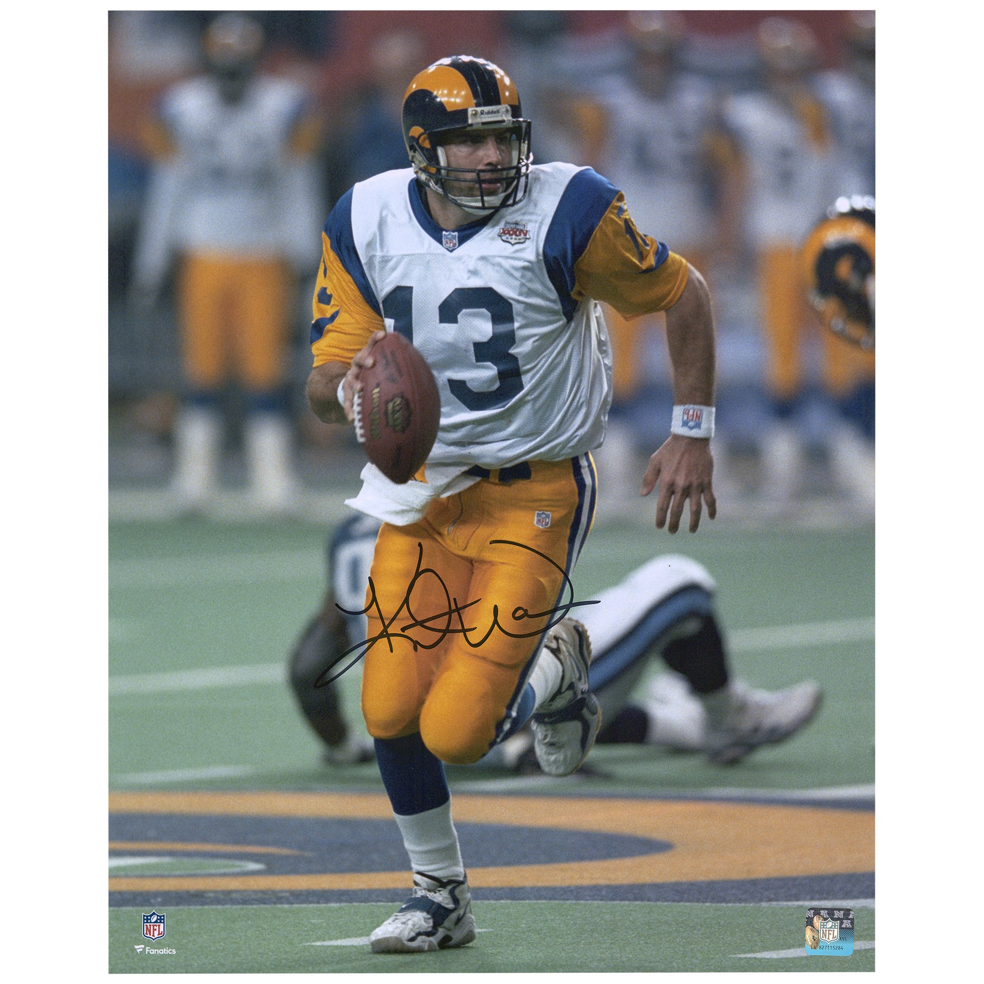 Fotografia del Super Bowl XXXIV della maglia bianca di Kurt Warner St. Louis Rams autografata da 16 "x 20".