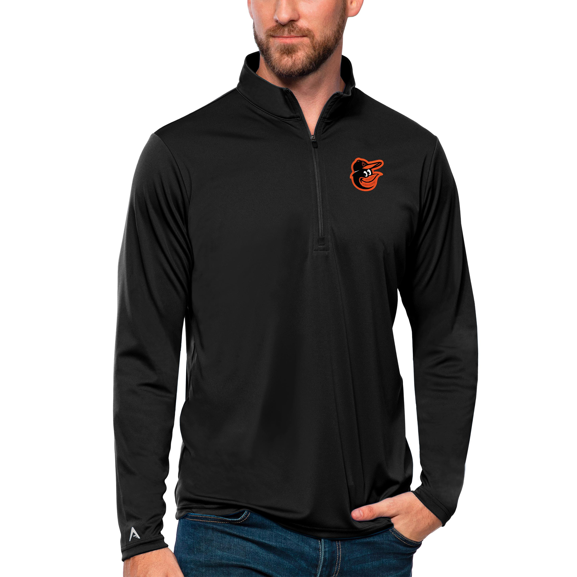 Men’s Antigua Black Baltimore Orioles Tribute Quarter-Zip Pullover Top Men’s Antigua Black Baltimore Orioles Tribute Quarter-Zip Pullover Top